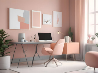 Workplace in peach fuzz 2024 color trend furniture. Painted gray walls and rich furniture - chairs and table with lamp. Pastel painting background. Large home office or coworking center. 3d render