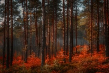 Obraz premium Pine trees on a moody fall landscape with red and orande colors
