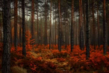 Fototapeta premium Pine trees on a moody fall landscape with red and orande colors