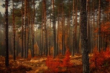 Obraz premium Pine trees on a moody fall landscape with red and orande colors