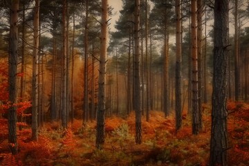 Obraz premium Pine trees on a moody fall landscape with red and orande colors