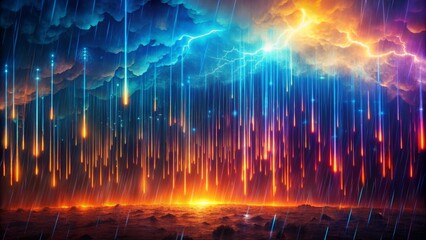 Vibrant animated heavy rain downpour depicted in textured dynamic lines on a dark mysterious black background conveying intense stormy weather.