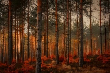 Pine trees on a moody fall landscape with red and orande colors