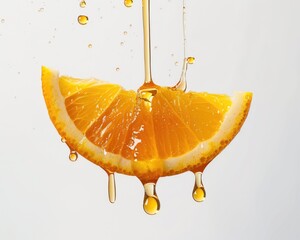 Dripping Fruit. Juicy Orange Slice with Drops of Juice on White Background