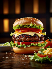 Delicious burgers on wooden plate.