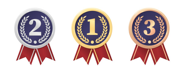 Illustration of gold medal, silver medal and bronze medal with red ribbons