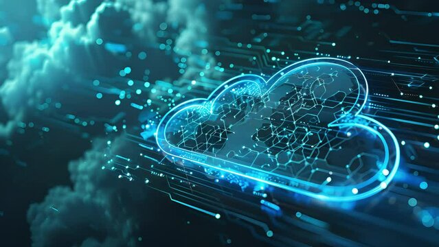 Dynamic cloud icon with geometric patterns and data nodes in shades of blue