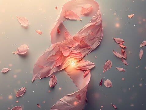 Ruban rose avec p&eacute;tales sur fond gris avec lumi&egrave;re, symbolisant la lutte contre le cancer