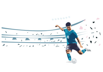Soccer, football player kicks ball in football stadium, flat design vector illustration