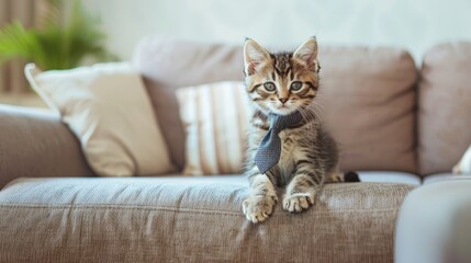 A cute kitten with a tie lies on a comfortable sofa in a modern bright living room.
