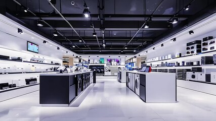 Interior of electronics store with various appliances arranged for sale