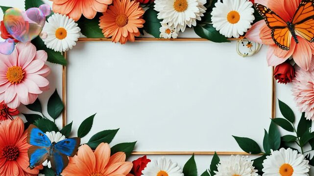 frame and flowers around it on a white background. Seamless looping 4k video animation