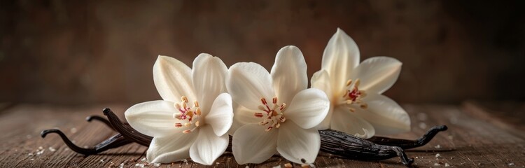 Fototapeta premium White Vanilla Flowers Resting on Dried Vanilla Beans