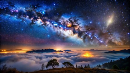 Stunning celestial showcase of galaxy's vibrant stars and misty nebulae against a dark blue night sky above a lonely landscape.
