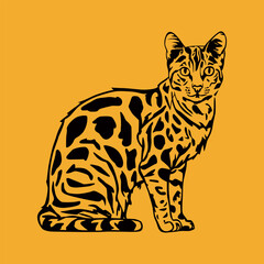 Silhouette of a bengal cat sitting in profile on a yellow background
