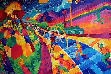A vibrant mural of a sports scene with various activities like soccer, basketball, and running.
