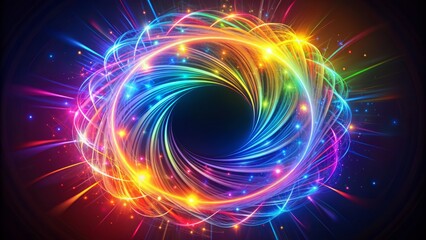 Vibrant, swirling, abstract lines and threads of colorful light radiate from a central, glowing, circular shape on a dark background.