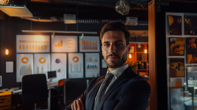 Business man keep a presentaiton in a cozy classic room with printer graphs