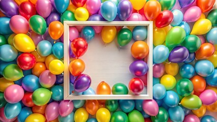 Obraz premium Vibrant colorful balloons surround a blank square frame with a subtle texture, awaiting a special birthday photo to be inserted.