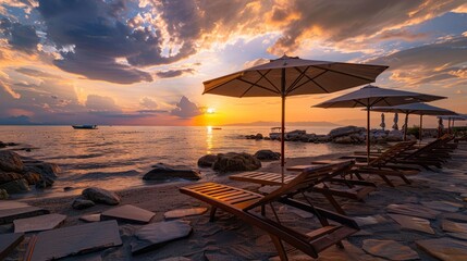 The coast of a resort beach with sun loungers and sun areas. The concept of summer vacation, travel.
