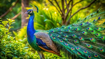 Naklejka premium Vibrant majestic peacock showcases resplendent plumage, iridescent blues and emerald greens, amidst lush verdant foliage in a serene natural setting.