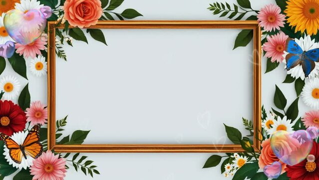 frame and flowers around it on a white background. Seamless looping 4k video animation