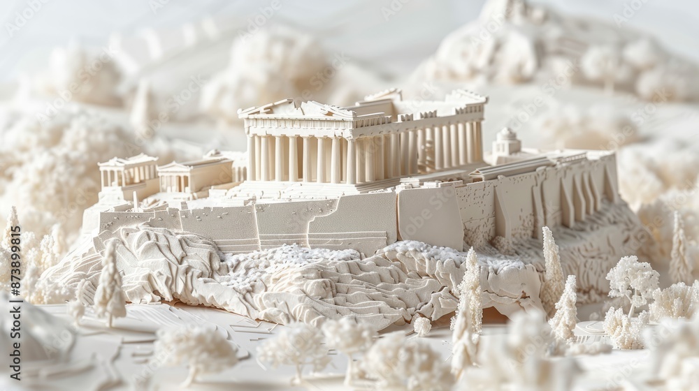 Poster intricate paper layer art of the acropolis of athens with parthenon and ancient structures, generati