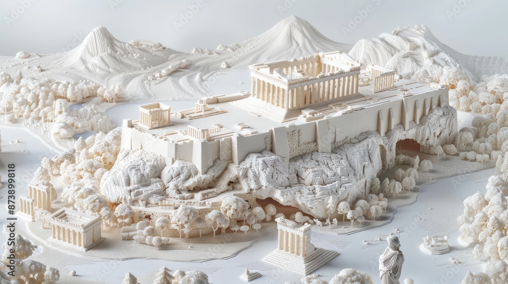 Poster intricate paper layer art of acropolis of athens with parthenon and ancient structures, generative a