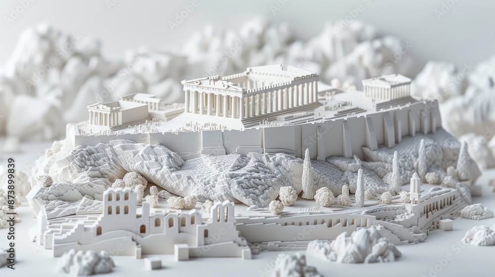 Poster intricate paper layer art of the acropolis of athens with parthenon and surrounding structures, gene