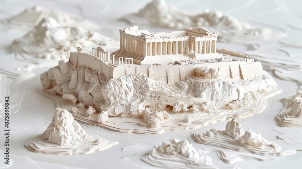 Poster captivating paper layer art of acropolis of athens with parthenon and historic structures, generativ
