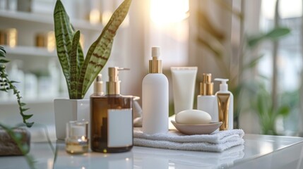Fototapeta premium Assorted beauty products and plants on a white table