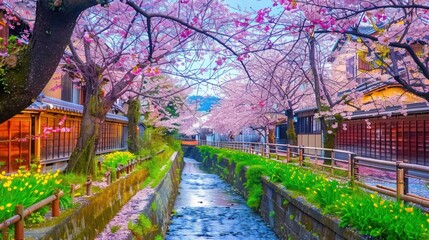 Cherry Blossoms Over Canal