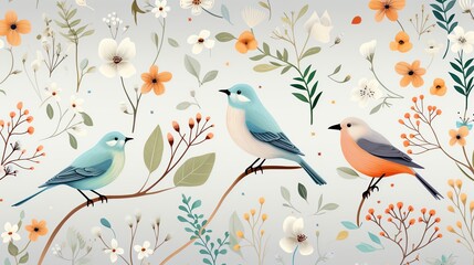 Cute birds perched on branches with floral background.