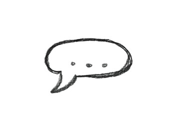 A photo of a monochrome drawing of a speech bubble with a circle pattern isolated on a white background.