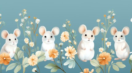 Cute white mice surrounded by flowers on a blue background.