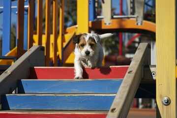 Adorable puppy enjoys climbing on a vibrant playground structure