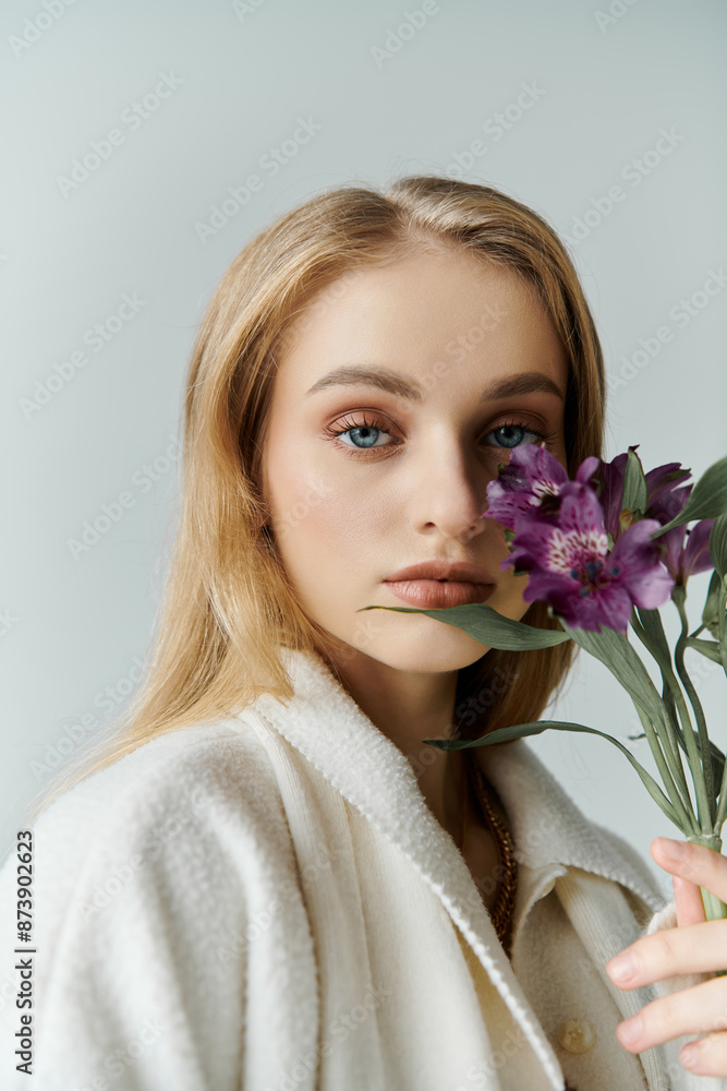 Wall mural A young woman in a white robe gazes off-camera, holding purple flowers near her face.