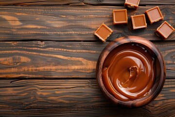 Fototapeta premium Caramel Wood: Topview of Melted Caramel Sauce in Dark Wooden Bowl