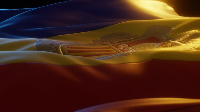 Andorra Flag, Close up, Low Side Angle with Warm Atmospheric Lighting, 3d render	
