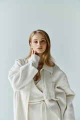 A young woman in a white outfit poses against a blue backdrop.
