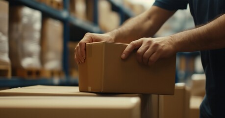  person handling cardboard boxes in a warehouse or shipping facility