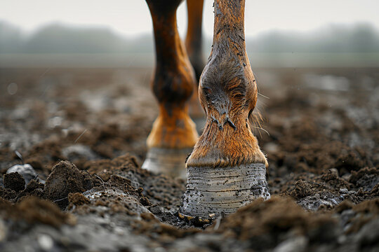 The hoves of a horse standing outside on a muddy surface close-up