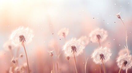 Soft, dreamy dandelion field at sunrise.