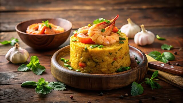Elegant display of Puerto Rican mofongo with shrimp in garlic sauce , Puerto Rican cuisine, mofongo