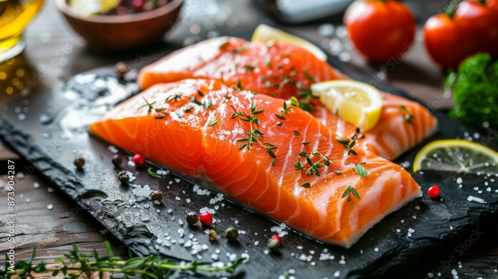 Wall mural Fresh salmon fillets with herbs and lemon