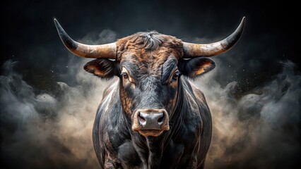 Dirty bull with horns on a dark background , bull, running of the bulls, event, animal, aggressive, wild, dangerous