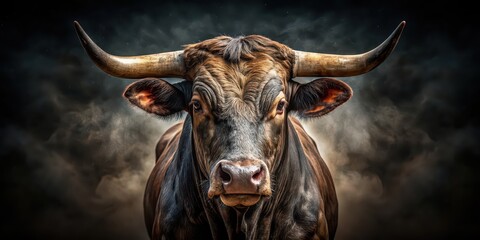 Naklejka premium Dirty bull with horns on a dark background , bull, running of the bulls, event, animal, aggressive, wild, dangerous