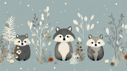 Naklejka premium Three cute foxes in a snowy winter forest scene.