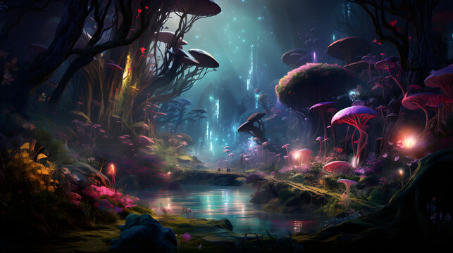 Glorious night view of the bioluminescent Pandora Forest with Na'vi creatures, from the movie Avatar - Powered by Adobe