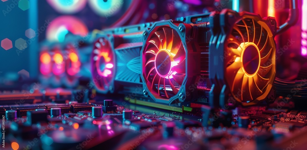 Poster close up of colorful computer graphics cards with fans and leds on motherboard